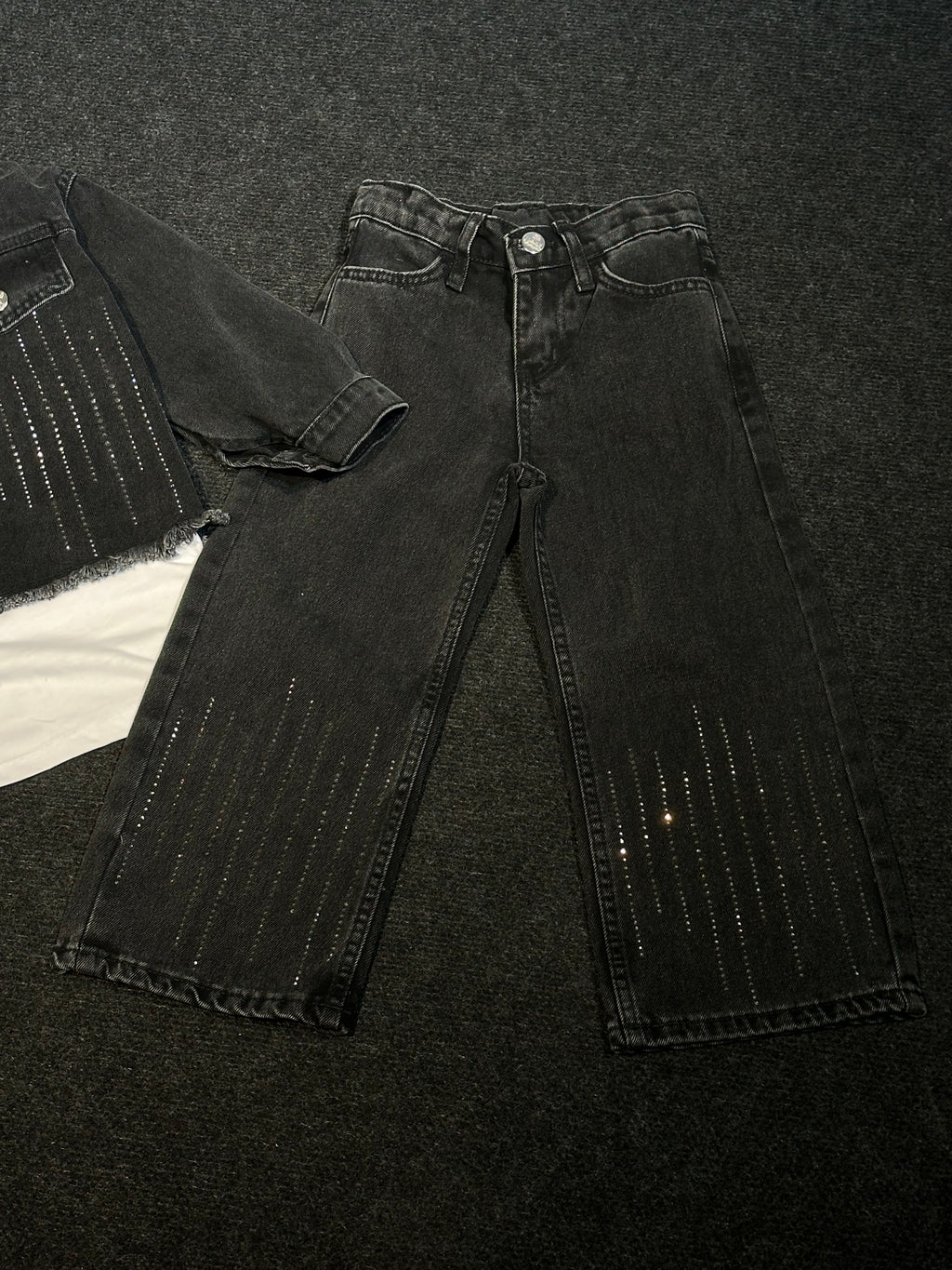 Taş Detaylı Siyah Denim 2’Li Kız Çocuk Takım