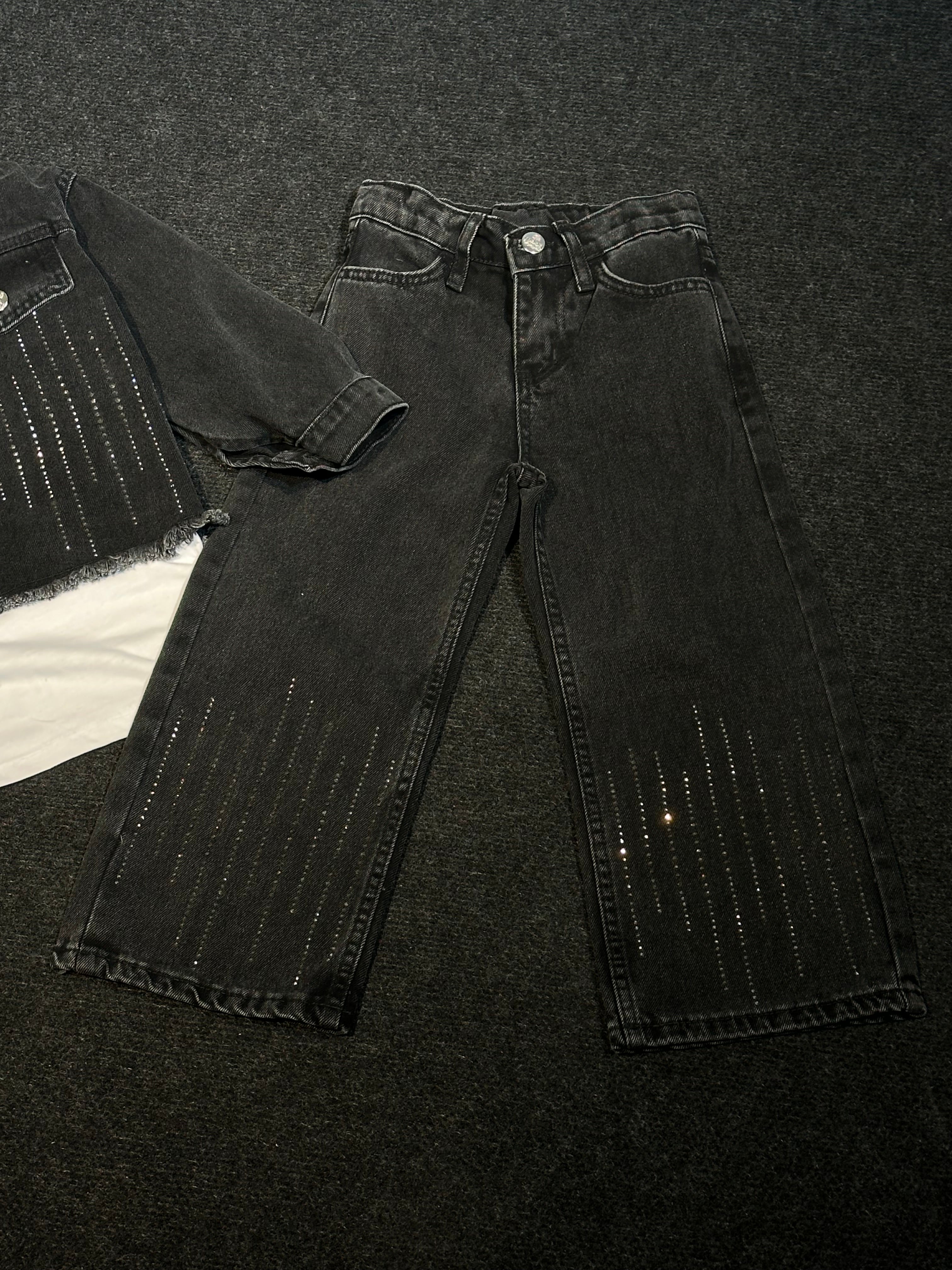 Taş Detaylı Siyah Denim 2’Li Kız Çocuk Takım