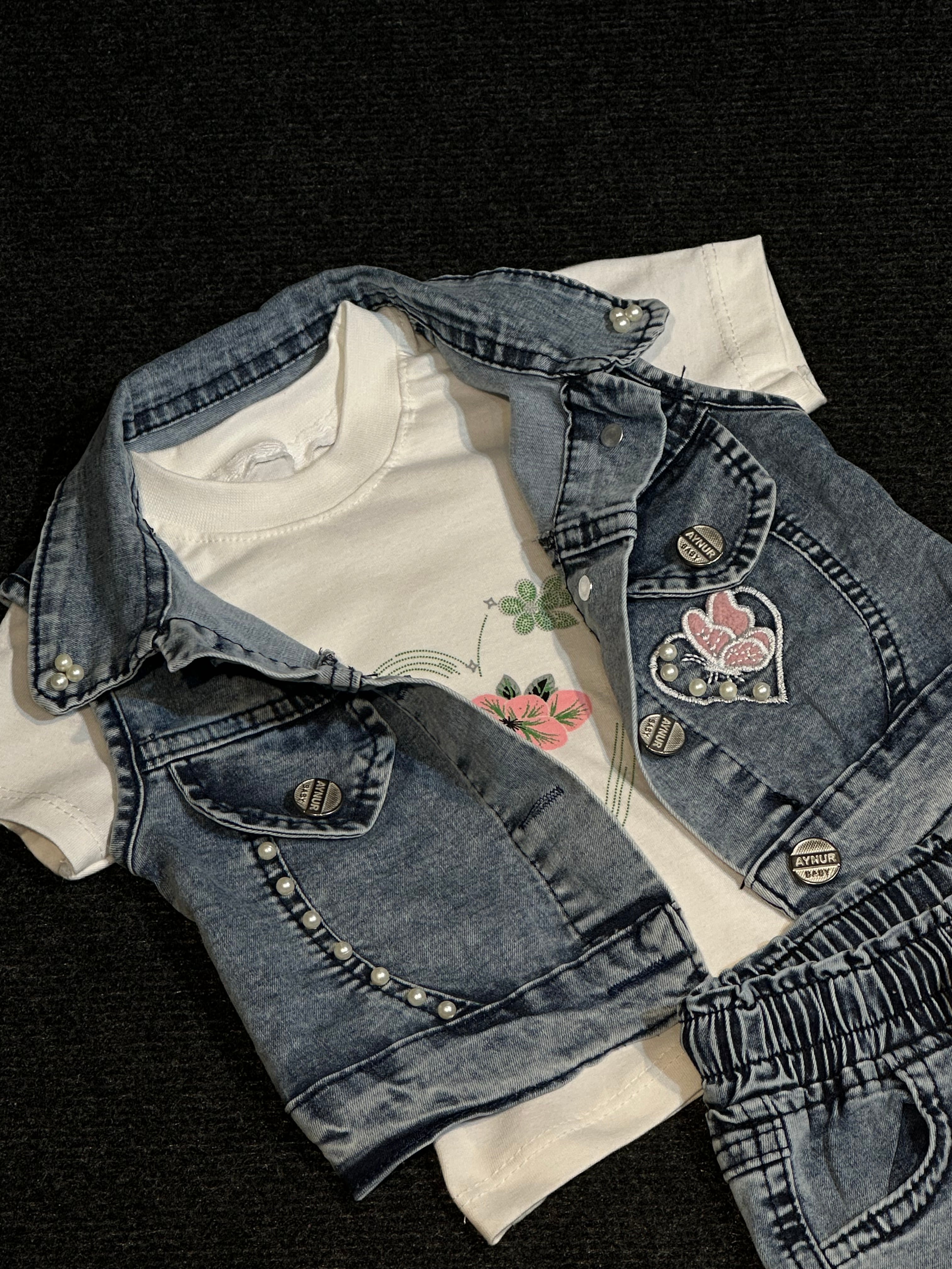 Boncuk Detaylı Jean Kız Bebek Takım