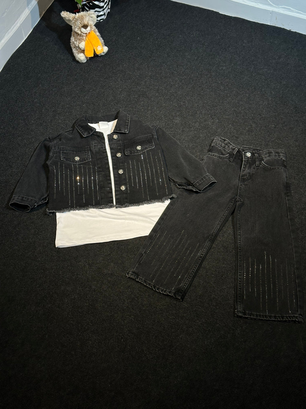 Taş Detaylı Siyah Denim 2’Li Kız Çocuk Takım