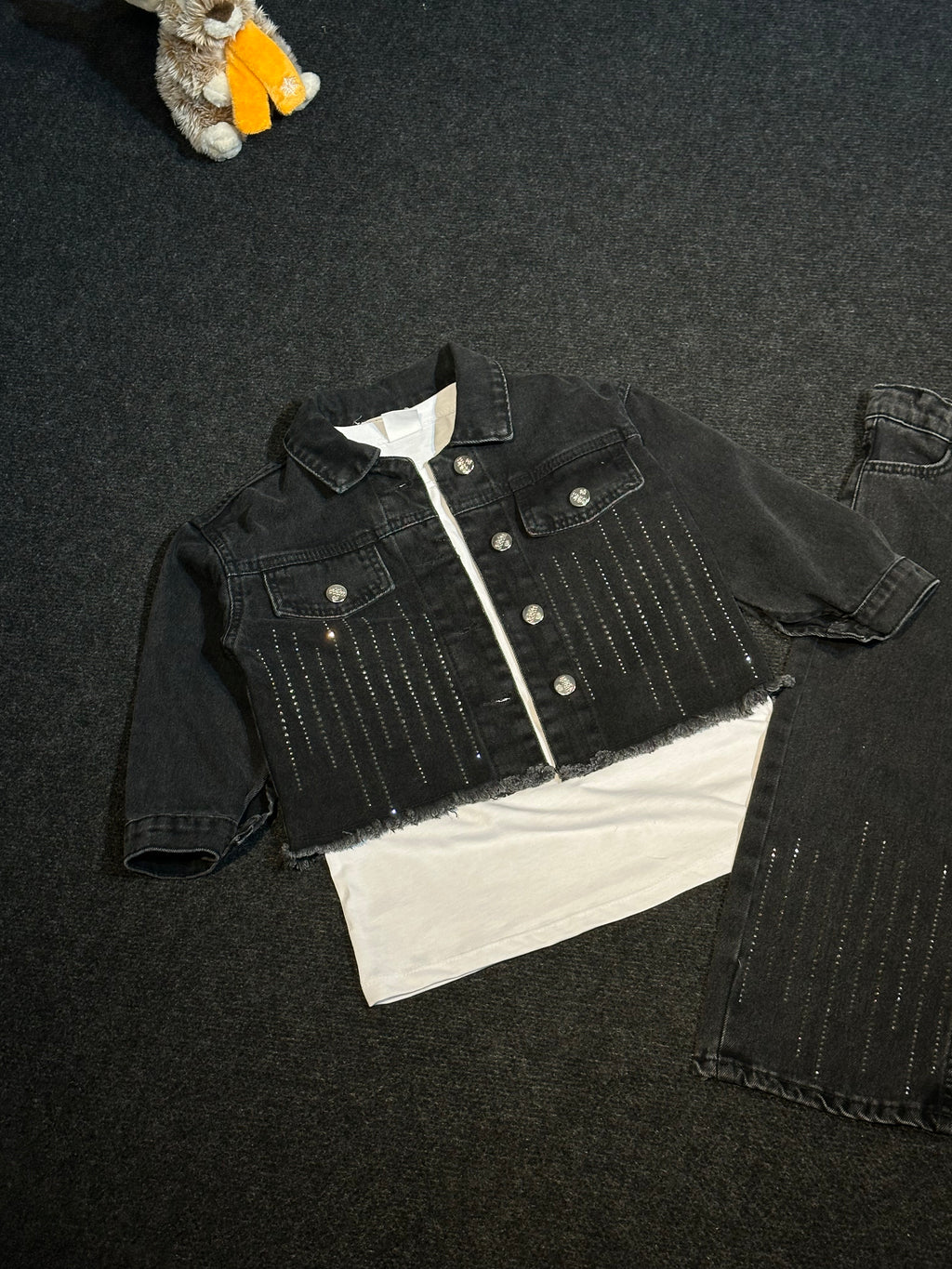 Taş Detaylı Siyah Denim 2’Li Kız Çocuk Takım