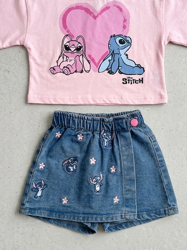 Disney Stitch Lisanslı Çocuk Şort etek Takım