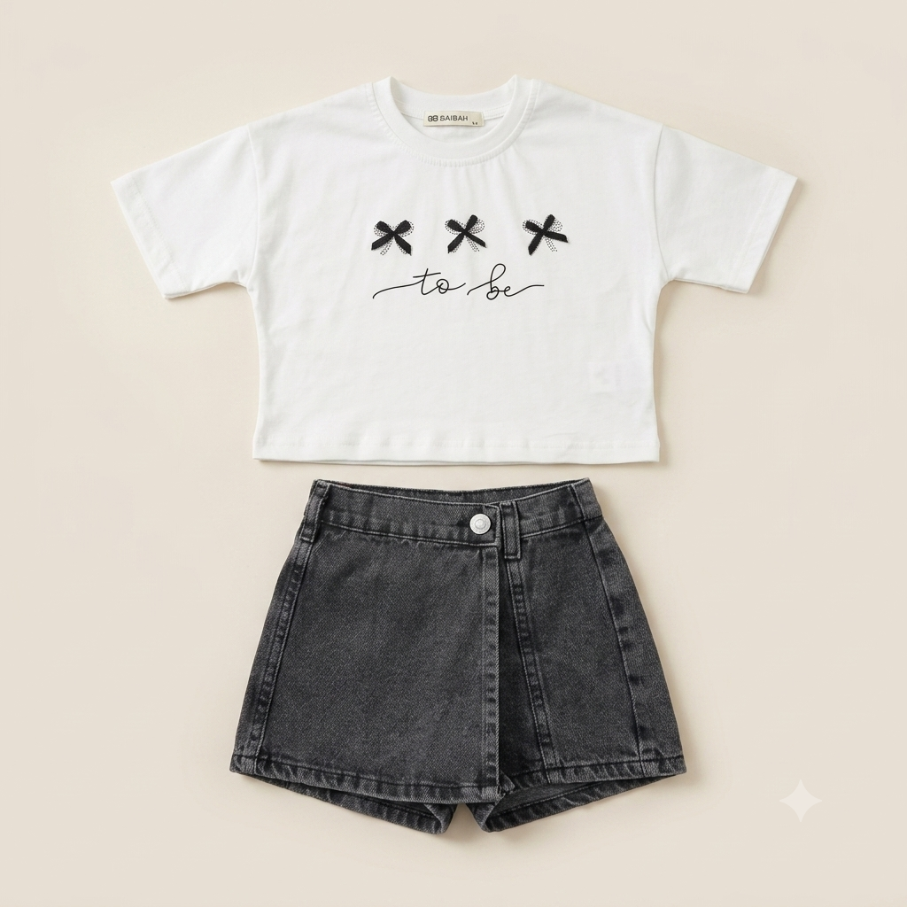 Fiyonk Detaylı Beyaz Crop Tişört ve Füme Denim Şort Etek Takımı