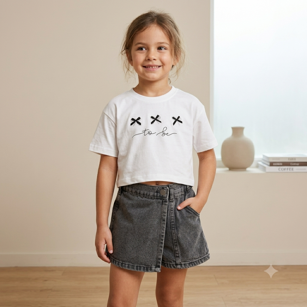 Fiyonk Detaylı Beyaz Crop Tişört ve Füme Denim Şort Etek Takımı