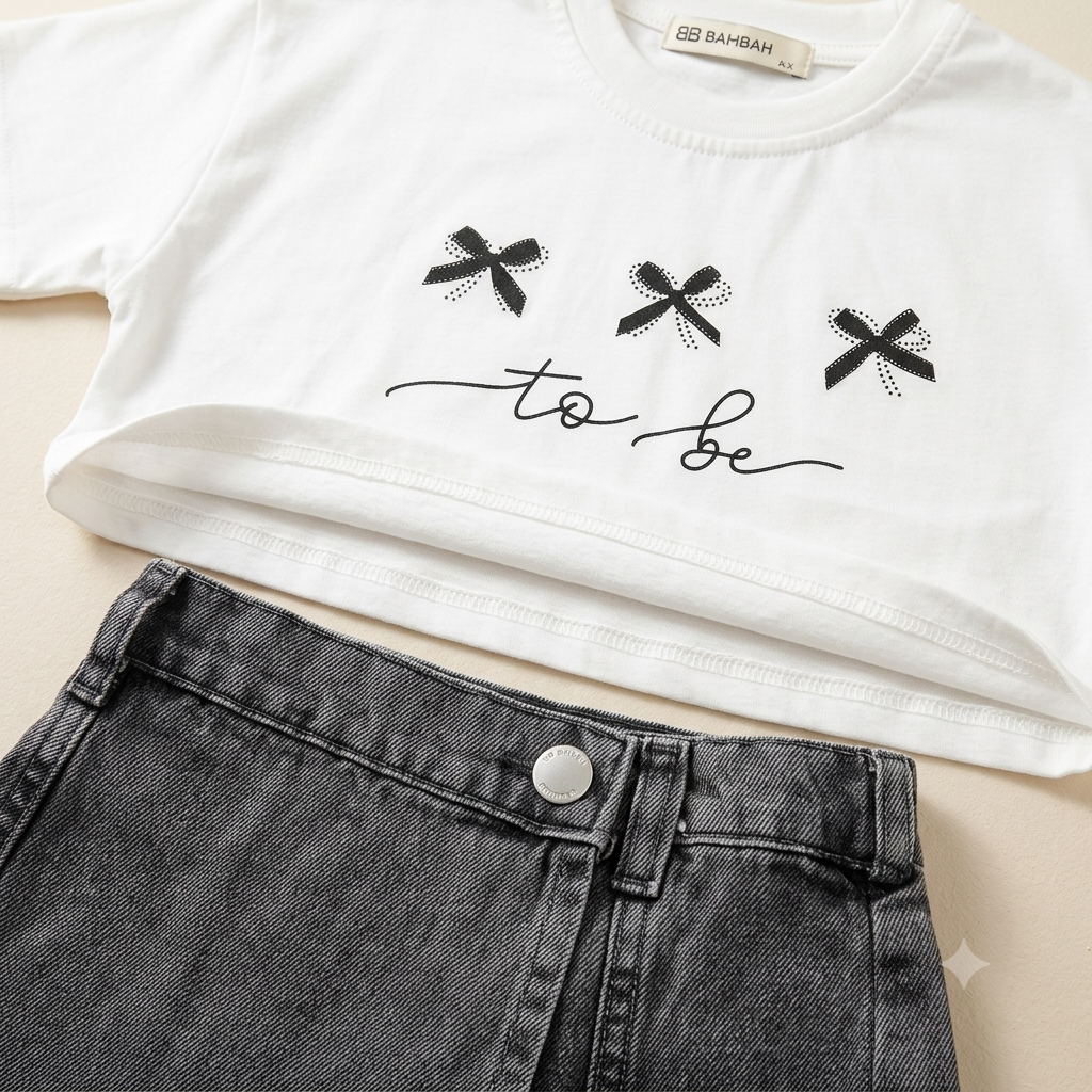 Fiyonk Detaylı Beyaz Crop Tişört ve Füme Denim Şort Etek Takımı