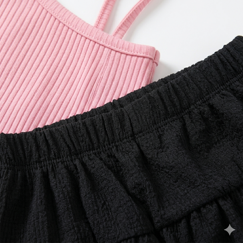 Tek Omuz Fiyonk Detaylı Fitilli Crop ve Kat Kat Etek Takımı