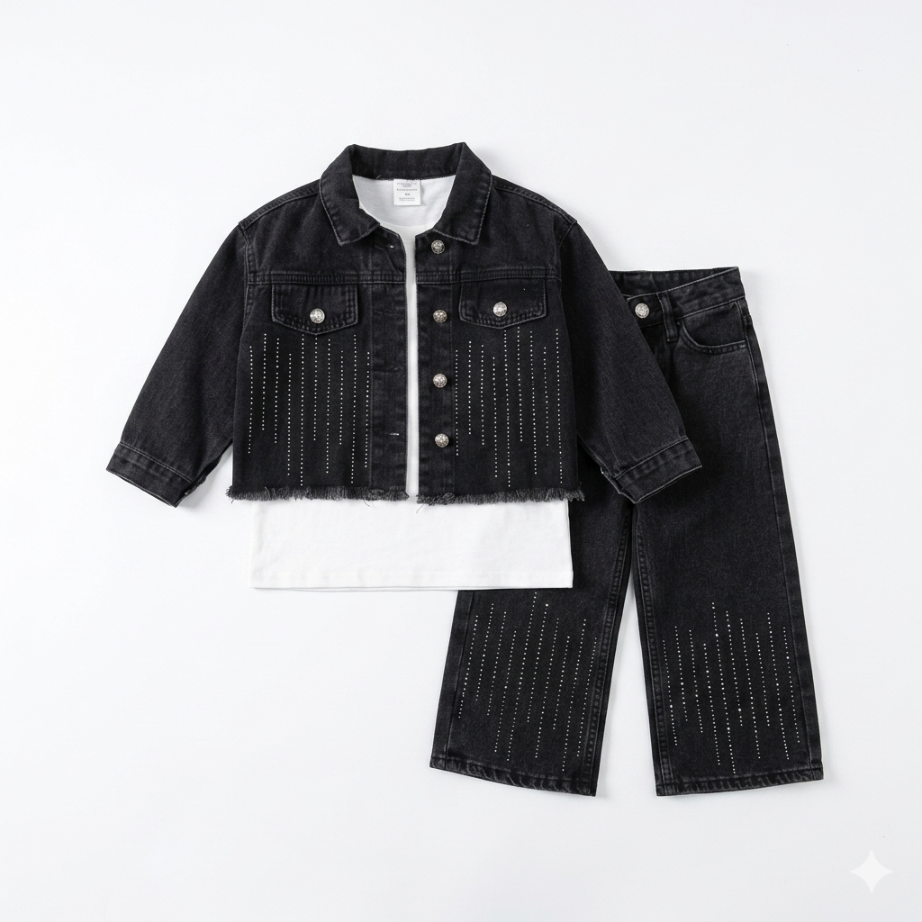 Taş Detaylı Siyah Denim 2’Li Kız Çocuk Takım